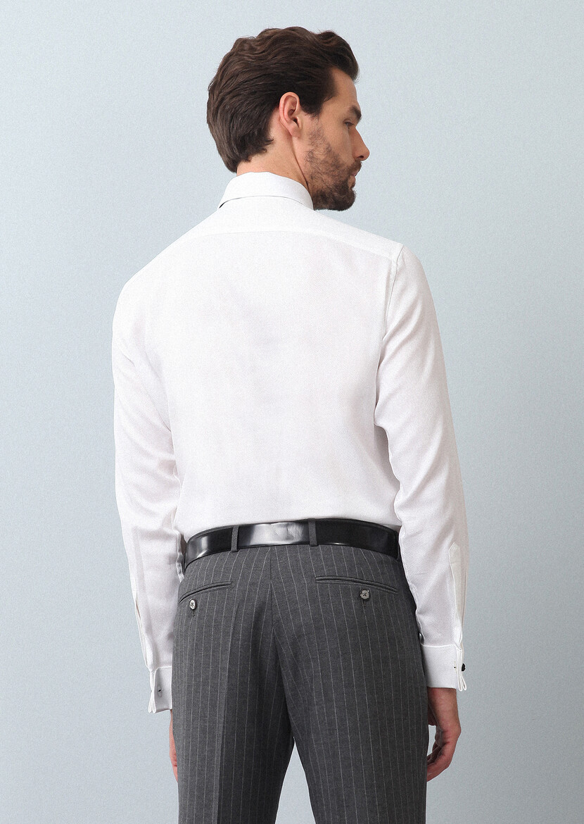 Beyaz Desenli Regular Fit Dokuma Klasik %100 Pamuk Gömlek - Thumbnail