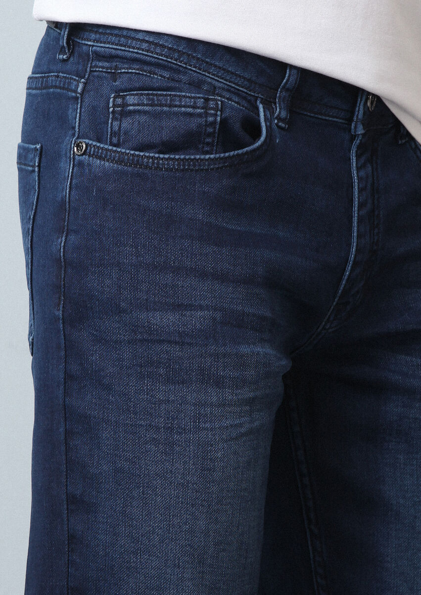 Lacivert Düz Slim Fit Denim Pamuk Karışımlı Pantolon