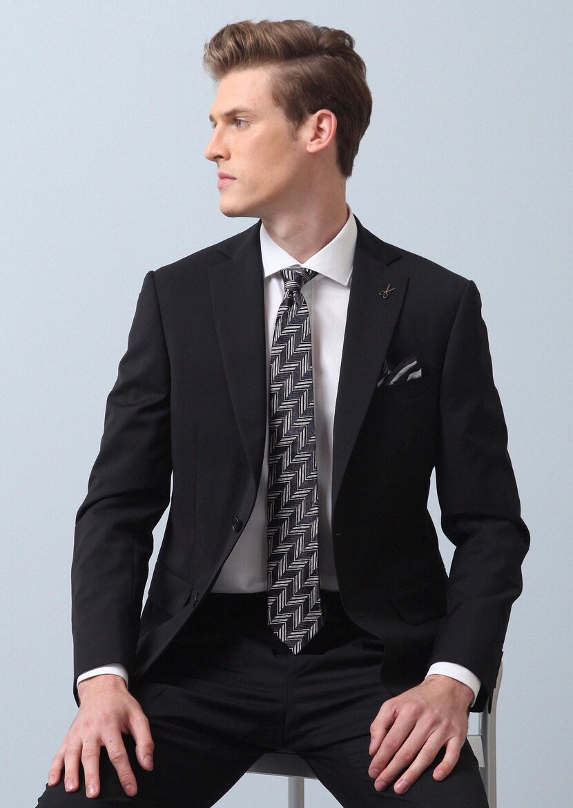 Siyah Düz Thin&taller Slim Fit %100 Yün Takım Elbise - Thumbnail
