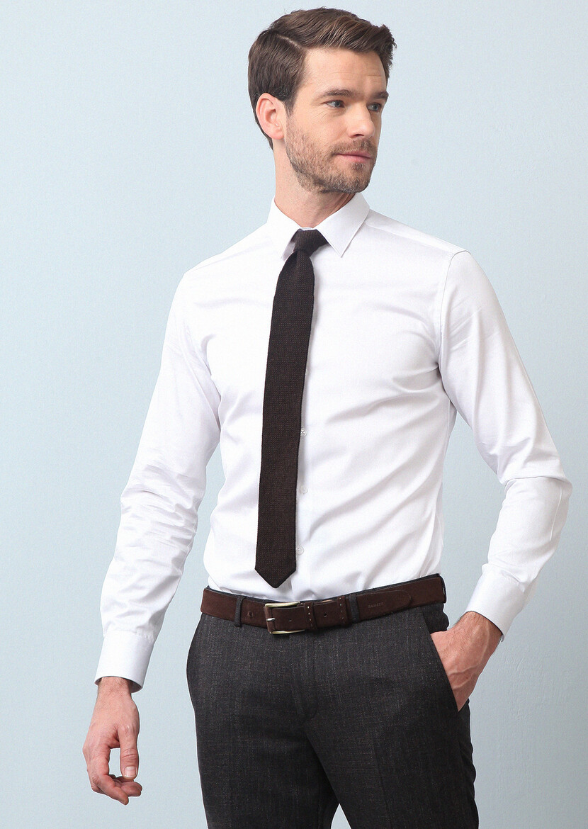 Beyaz Düz Super Slim Fit Dokuma Klasik %100 Pamuk Gömlek - Thumbnail