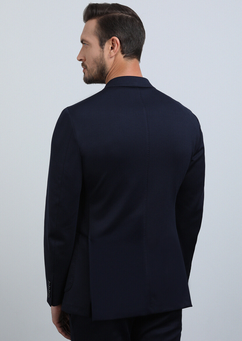 Lacivert Çizgili Comfort Fit Pamuk Karışımlı Örme Takım Elbise - Thumbnail