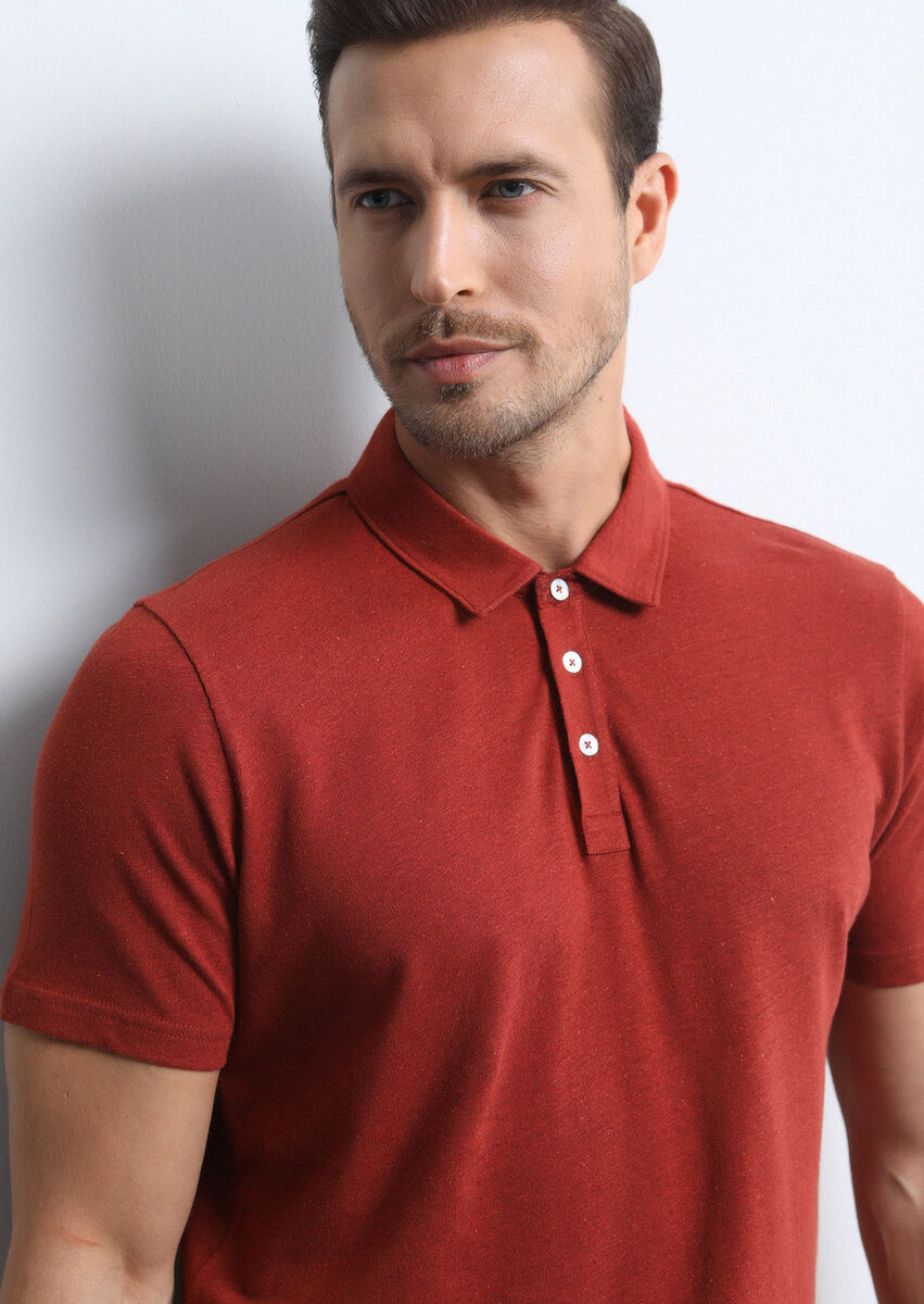 Kırmızı Baskılı Polo Yaka Pamuk Karışımlı T-Shirt