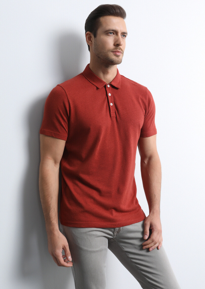 Kırmızı Baskılı Polo Yaka Pamuk Karışımlı T-Shirt - Thumbnail