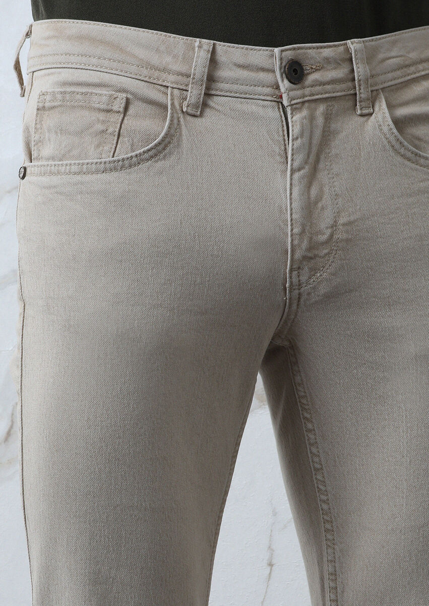 Bej Düz Slim Fit Denim Pamuk Karışımlı Pantolon