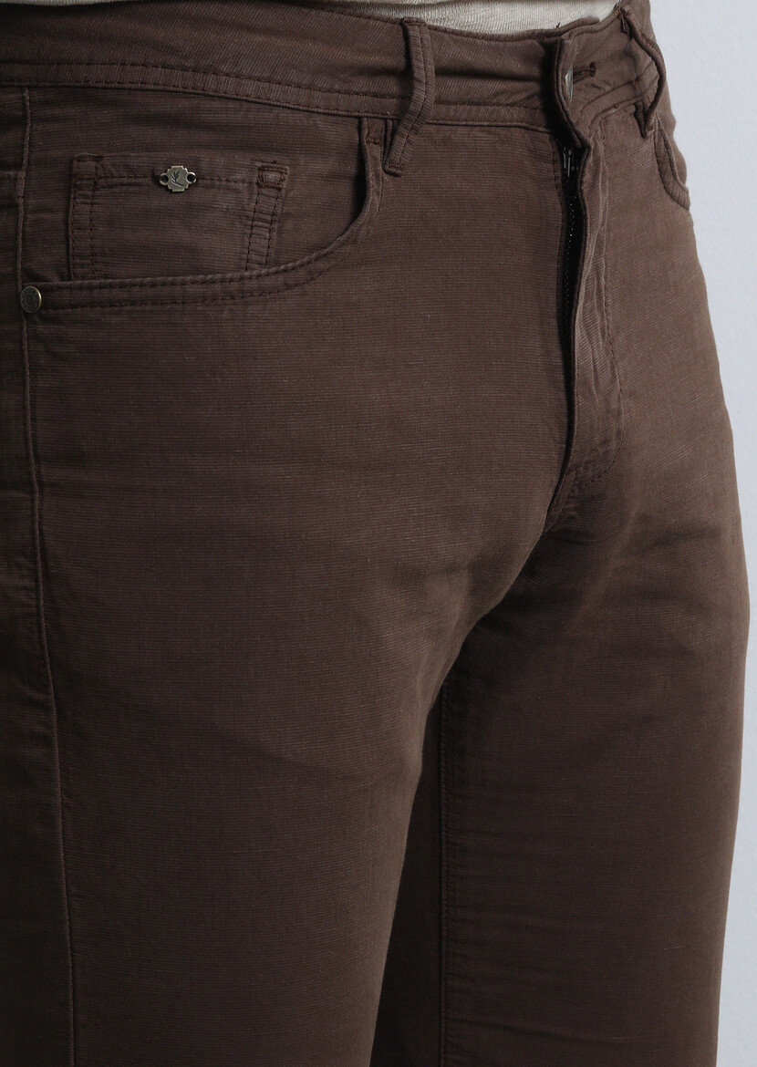 Kahverengi Mikro Dokuma Slim Fit Casual Pamuk Karışımlı Pantolon - Thumbnail