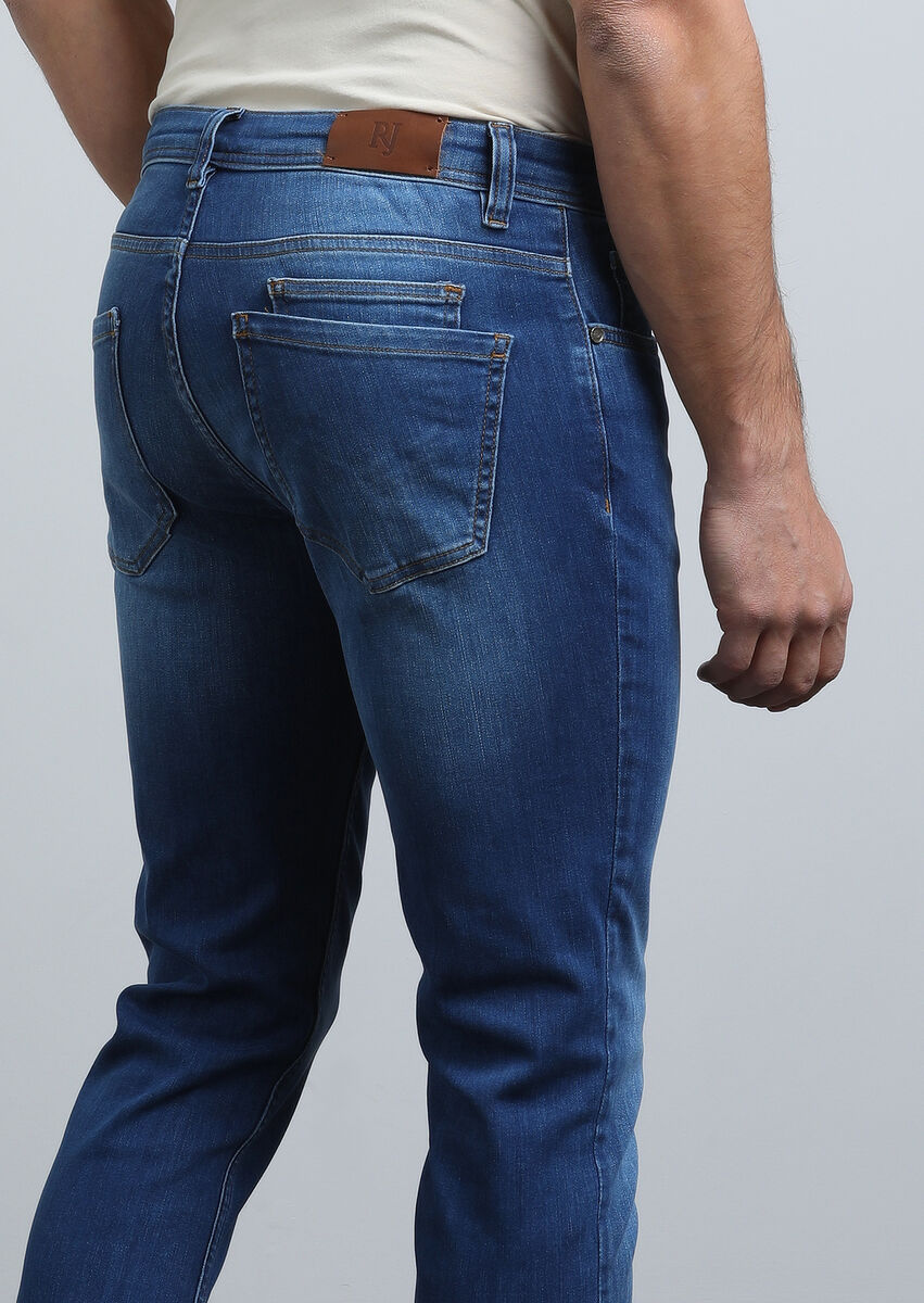 İndigo Düz Slim Fit Denim Pamuk Karışımlı Pantolon