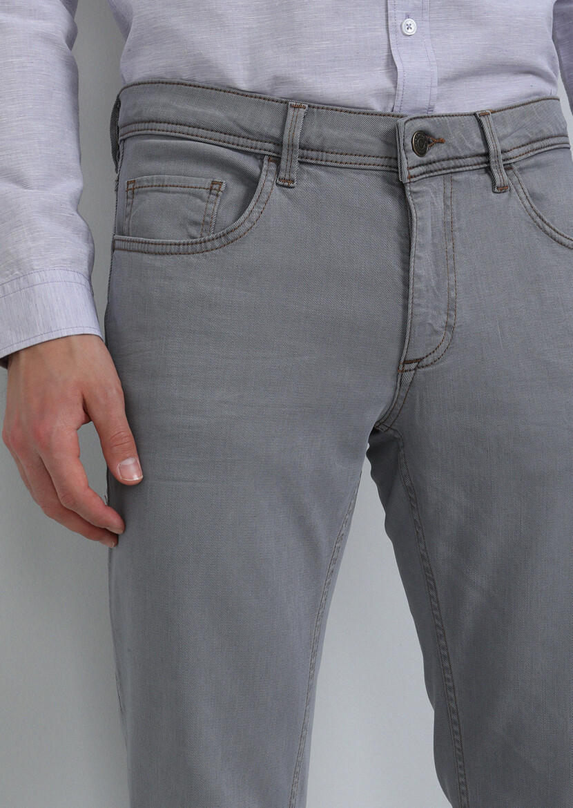 Açık Gri Düz Slim Fit Denim Pamuk Karışımlı Pantolon - Thumbnail