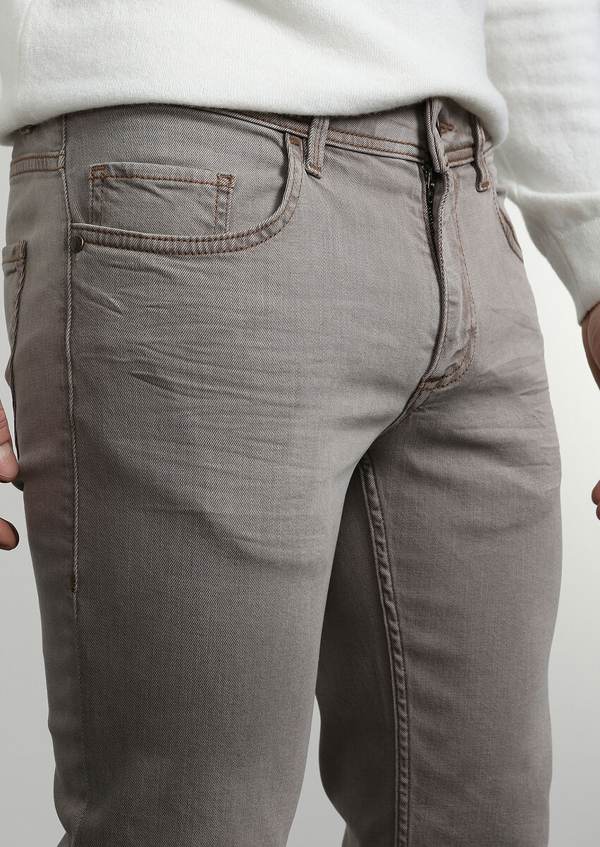 Koyu Bej Düz Slim Fit Denim Pamuk Karışımlı Pantolon