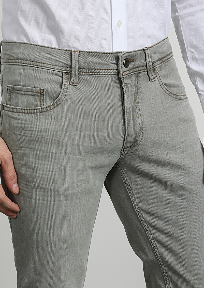 Yeşil Düz Slim Fit Denim Pamuk Karışımlı Pantolon - Thumbnail