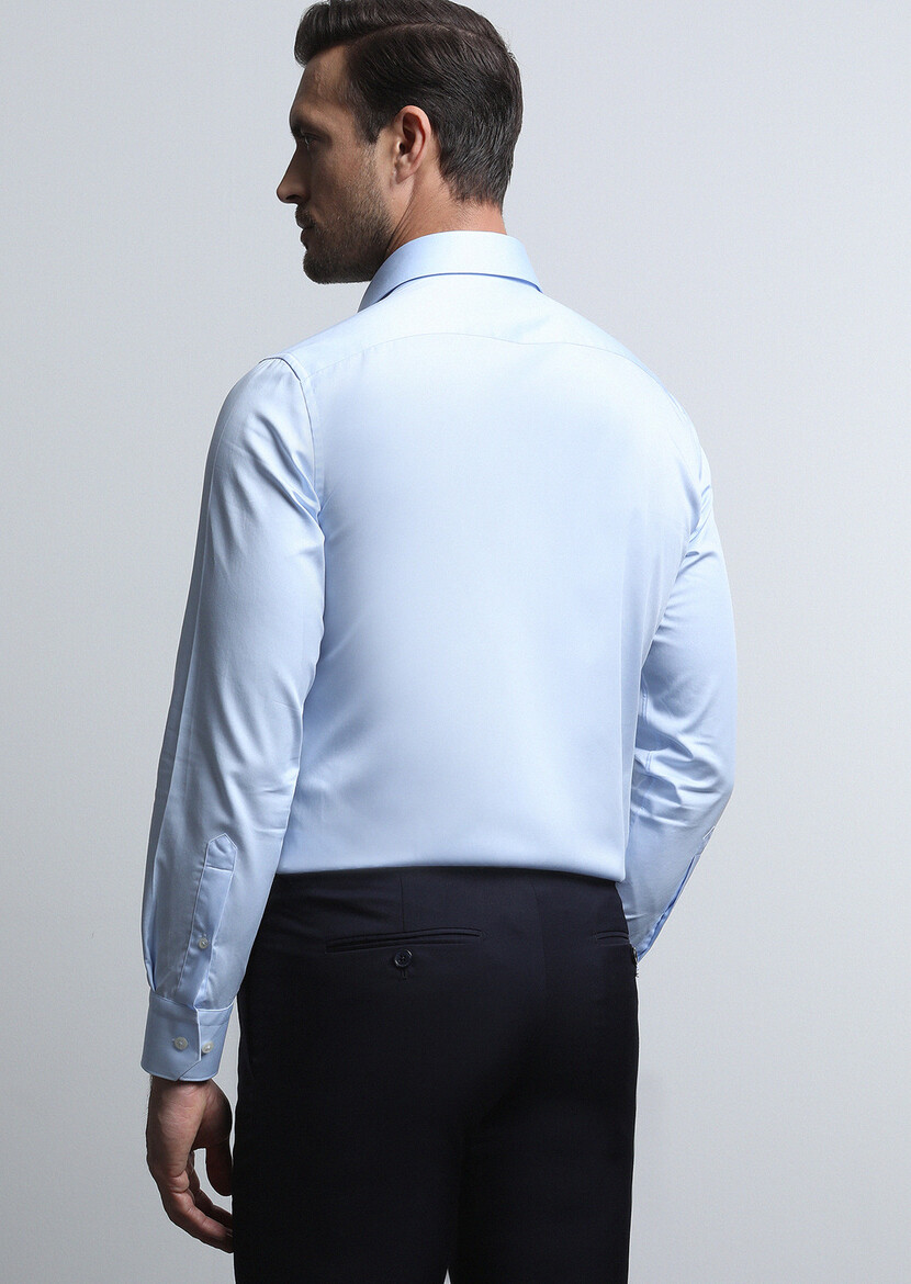 Açık Mavi Düz Slim Fit Dokuma Klasik %100 Pamuk Gömlek - Thumbnail