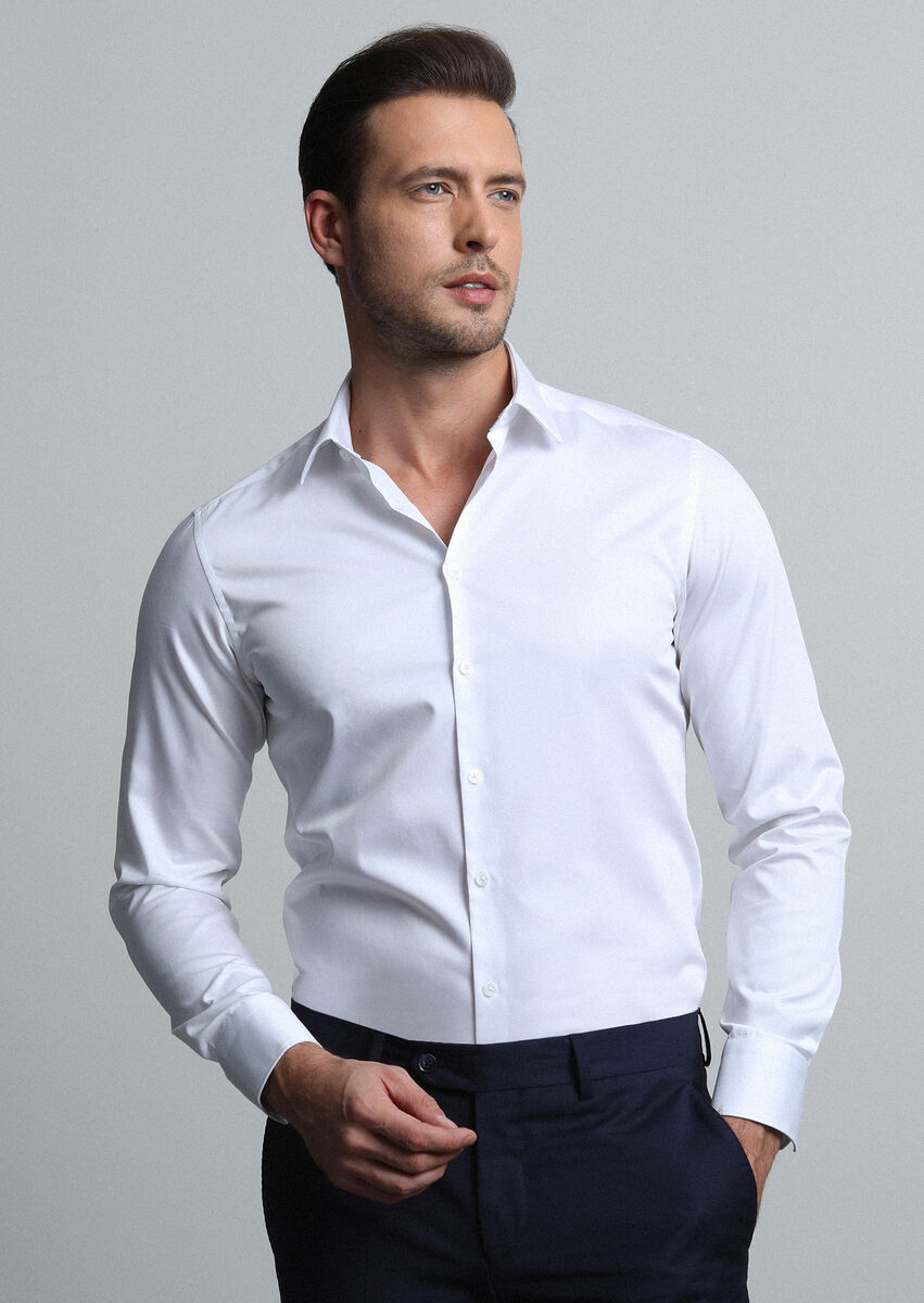 Beyaz Düz Super Slim Fit Dokuma Klasik %100 Pamuk Gömlek