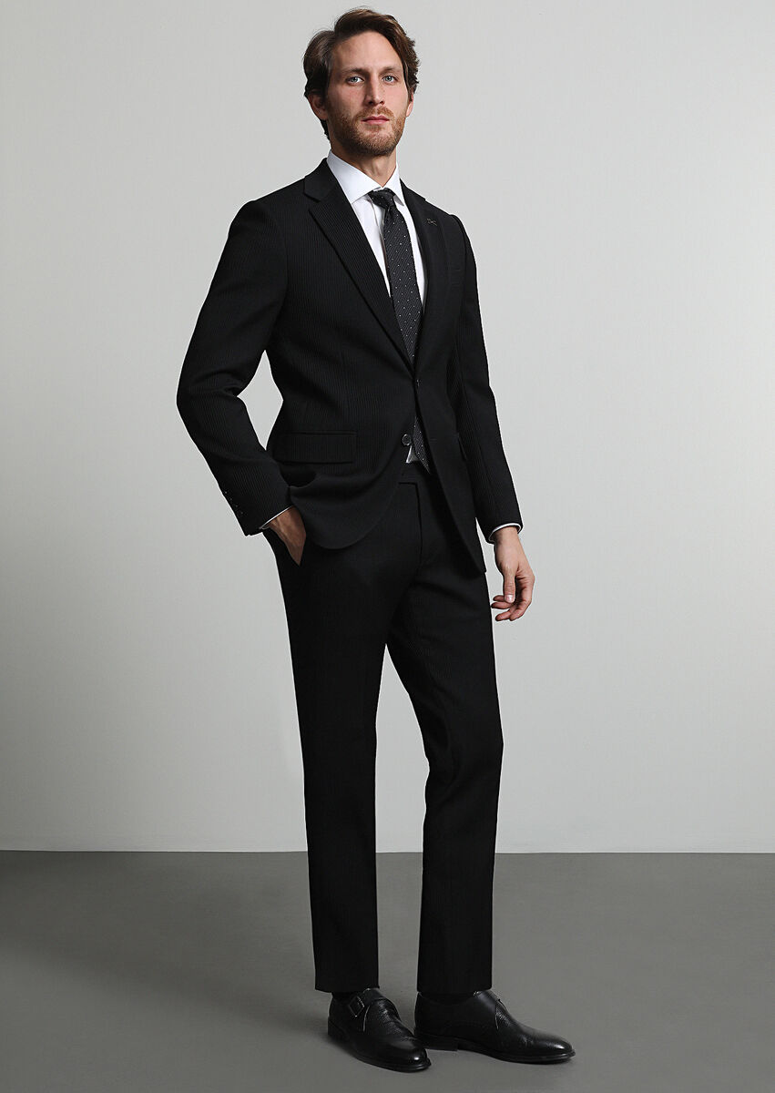 Siyah Çizgili Thin&taller Slim Fit Yün Karışımlı Takım Elbise