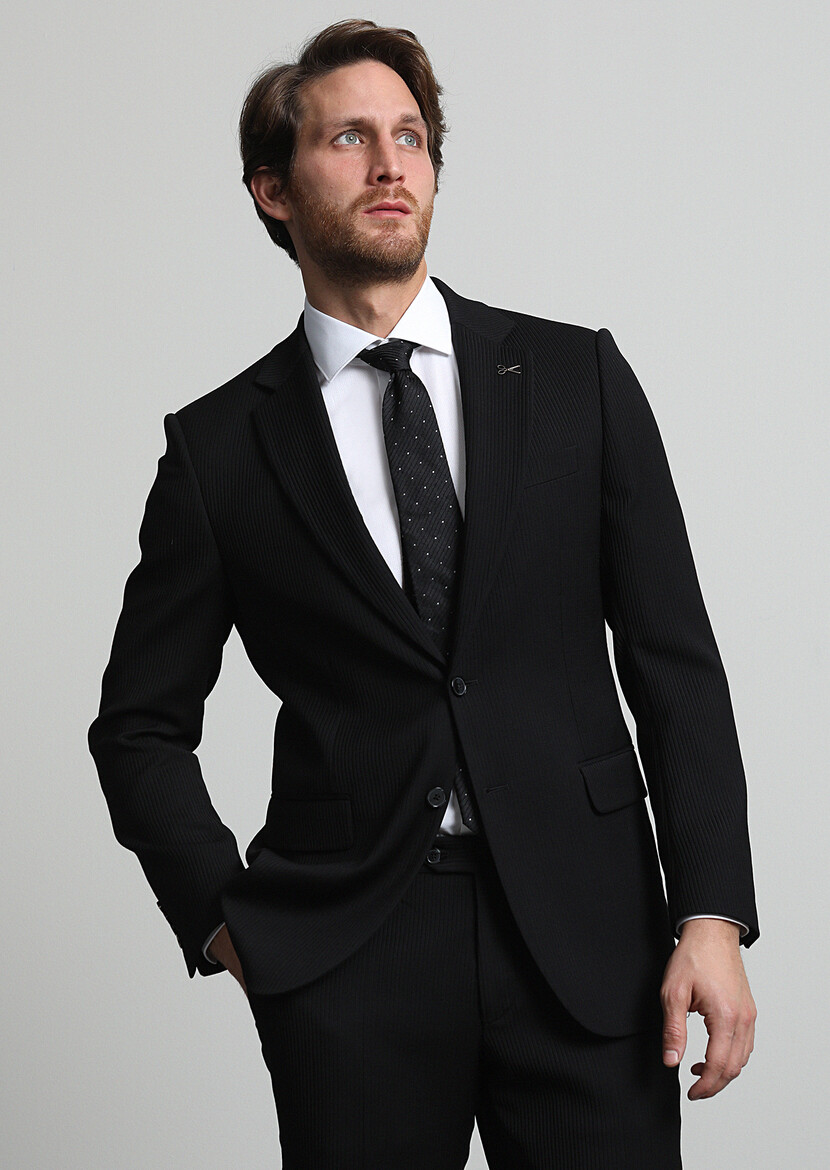Siyah Çizgili Thin&taller Slim Fit Yün Karışımlı Takım Elbise - Thumbnail