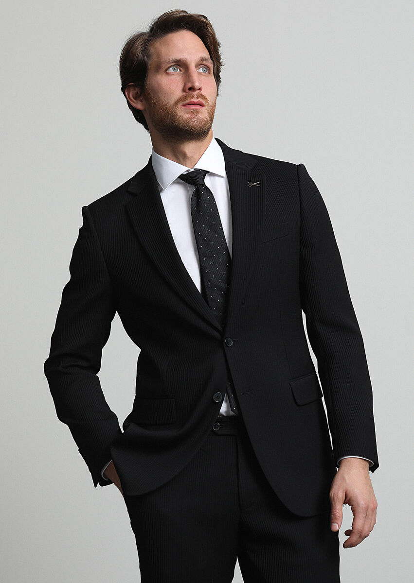 Siyah Çizgili Thin&taller Slim Fit Yün Karışımlı Takım Elbise