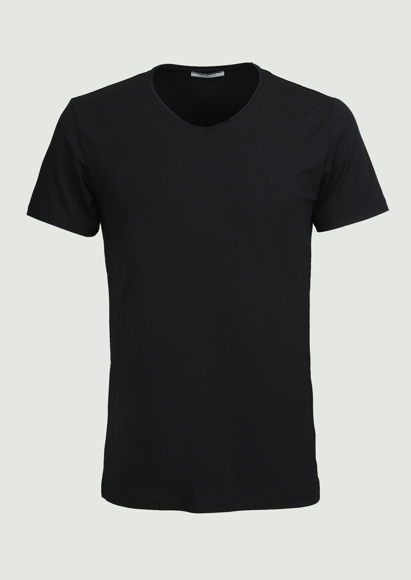 Siyah Düz V Yaka Pamuk Karışımlı T-Shirt - Thumbnail