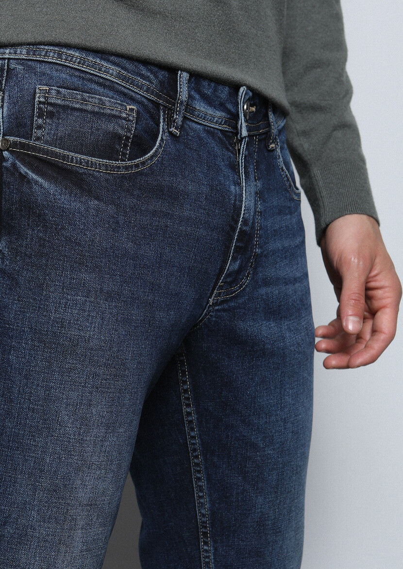 Koyu İndigo Düz Slim Fit Denim Pamuk Karışımlı Pantolon - Thumbnail