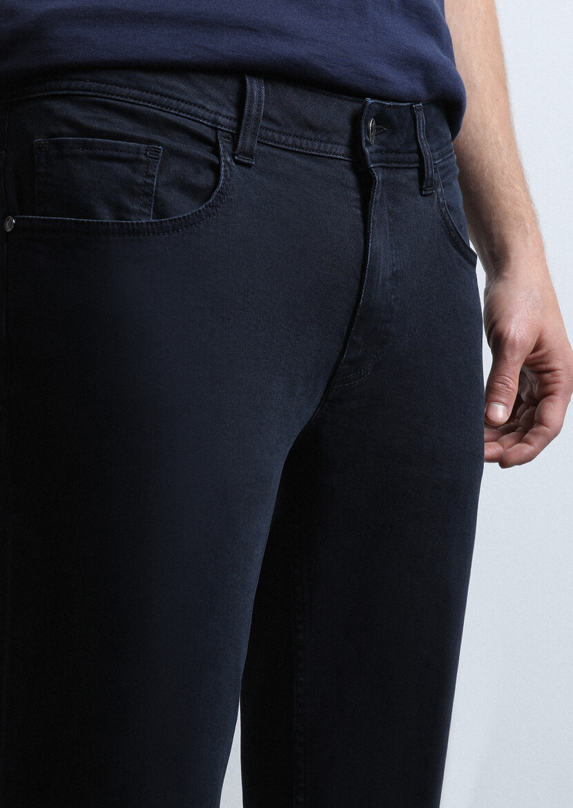 Koyu Lacivert Düz Slim Fit Denim Pamuk Karışımlı Pantolon - Thumbnail