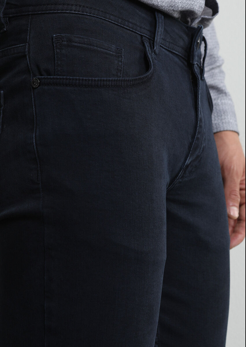 Koyu Lacivert Düz Slim Fit Denim Pamuk Karışımlı Pantolon