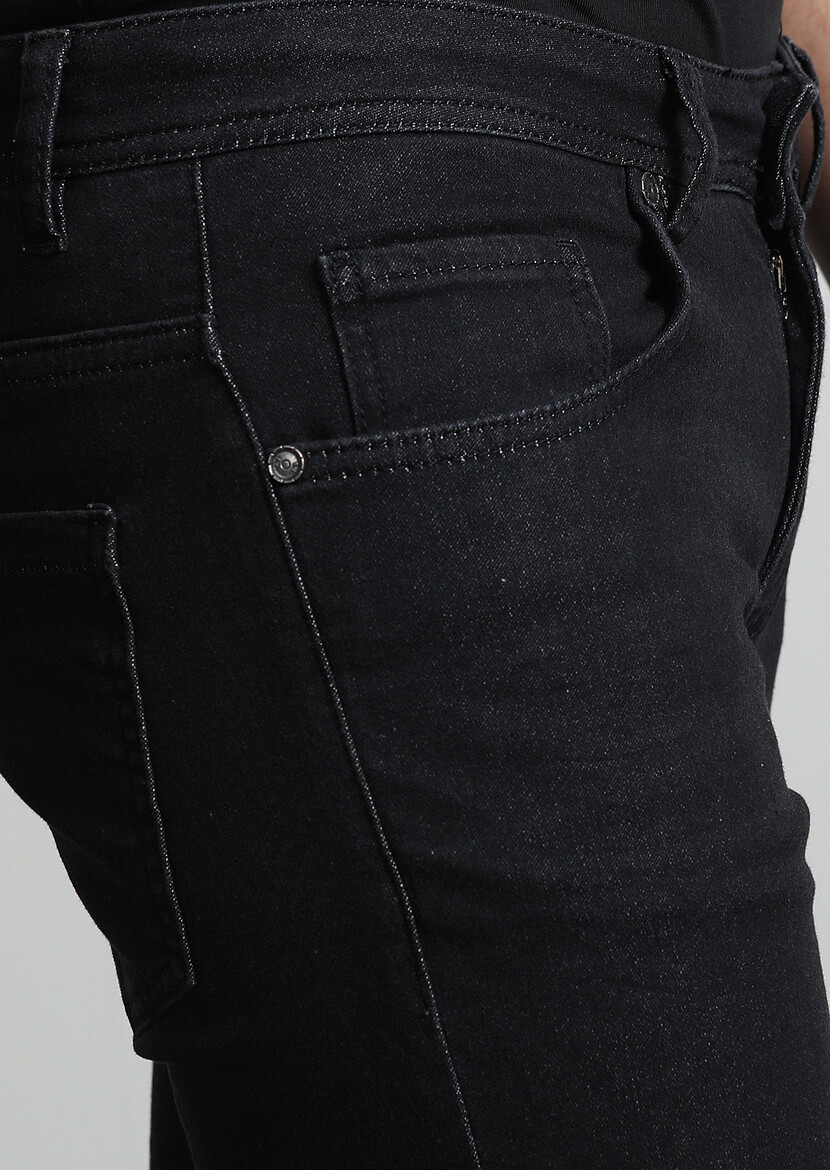 Siyah Düz Slim Fit Denim Pamuk Karışımlı Pantolon - Thumbnail
