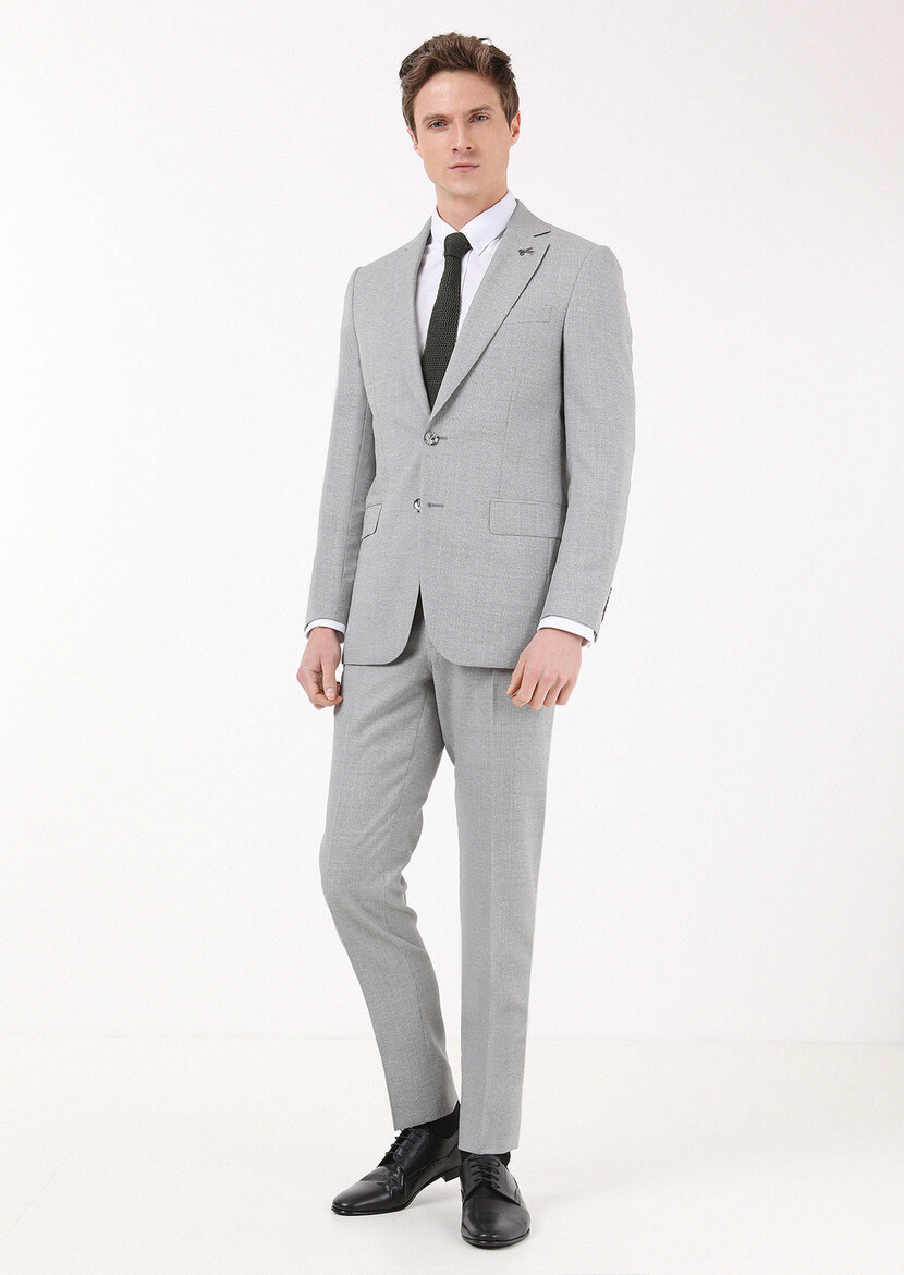 Gri Mikro Thin&taller Slim Fit %100 Yün Takım Elbise - Thumbnail