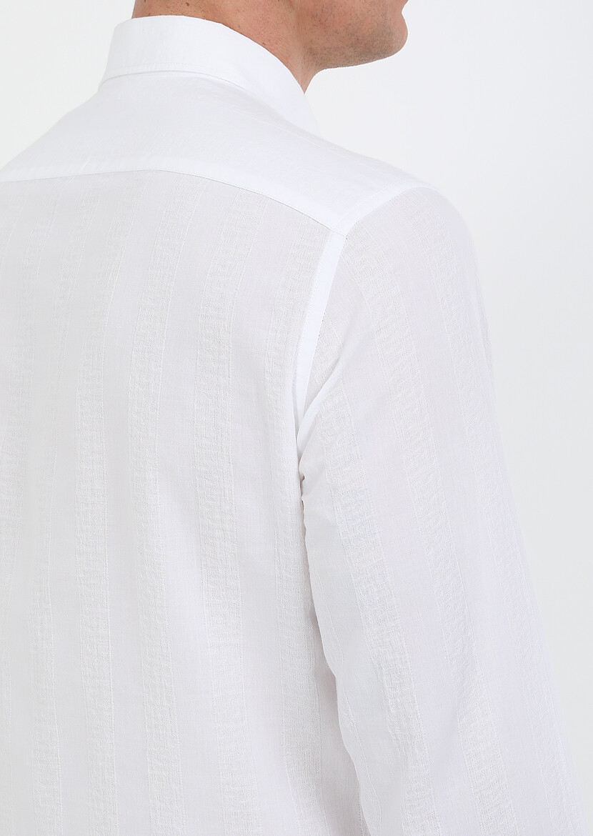 Beyaz Çizgili Slim Fit Dokuma Casual %100 Pamuk Gömlek - Thumbnail