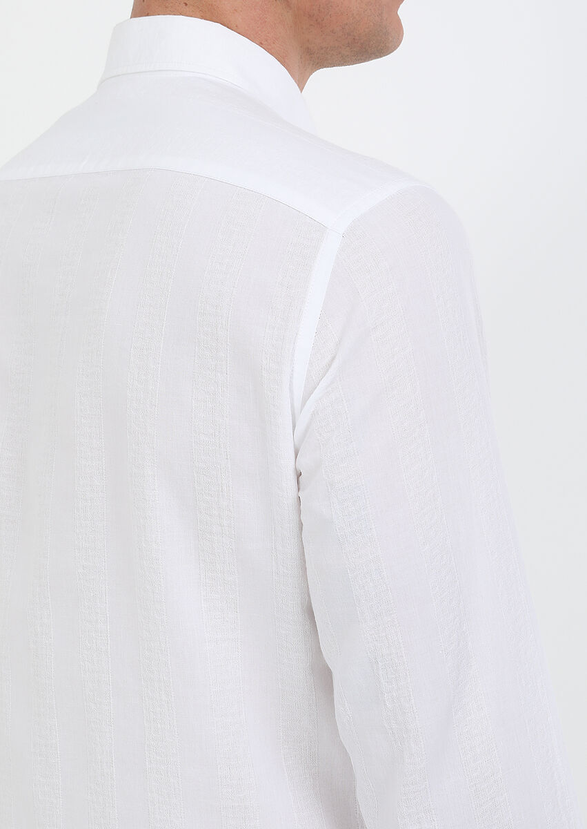 Beyaz Çizgili Slim Fit Dokuma Casual %100 Pamuk Gömlek