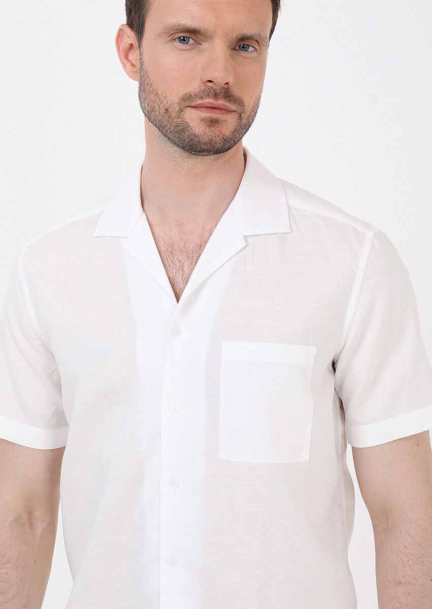 Beyaz Düz Regular Fit Dokuma Casual Pamuk Karışımlı Gömlek