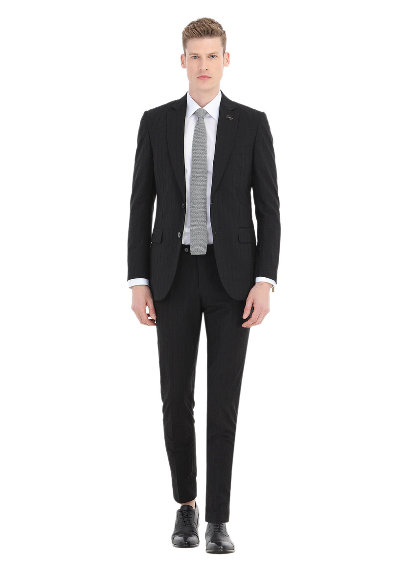Siyah Çizgili Thin&taller Slim Fit Pamuk Karışımlı Takım Elbise - Thumbnail