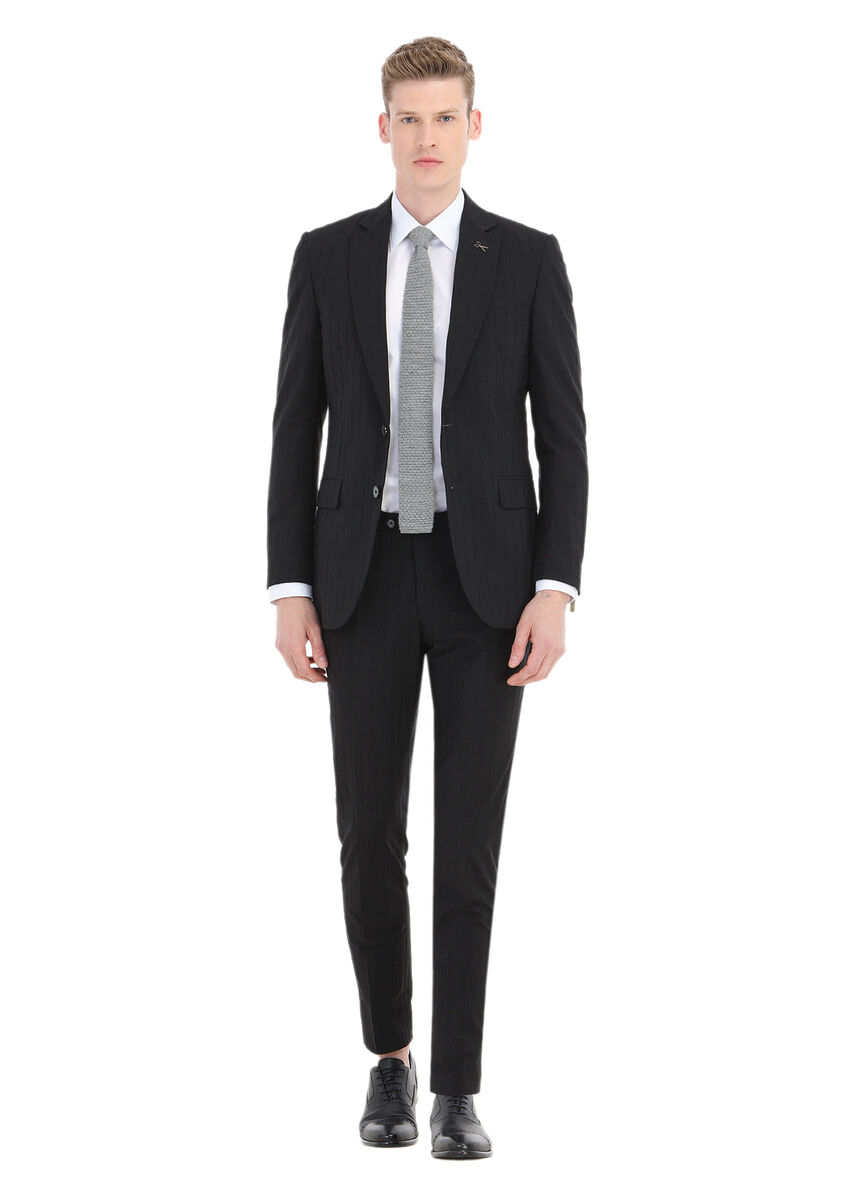Siyah Çizgili Thin&taller Slim Fit Pamuk Karışımlı Takım Elbise