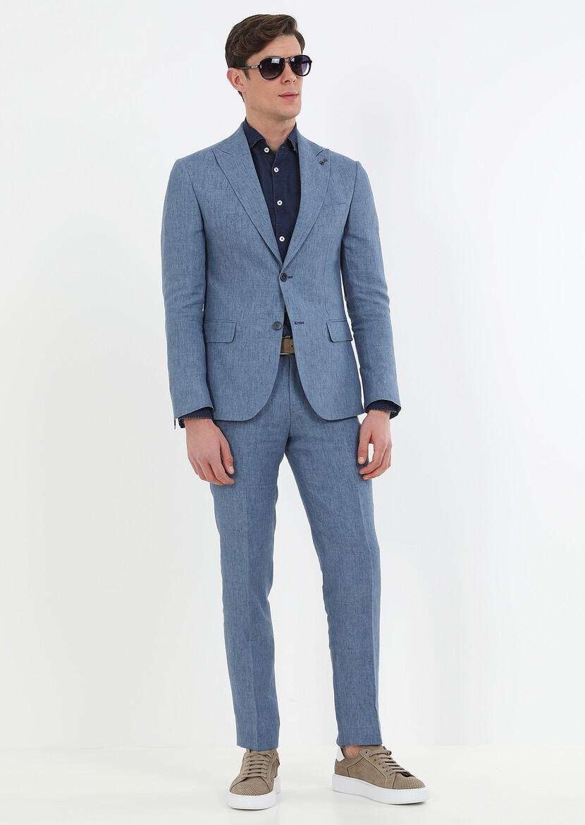 Mavi Düz Zeroweight Slim Fit %100 Keten Takım Elbise - Thumbnail