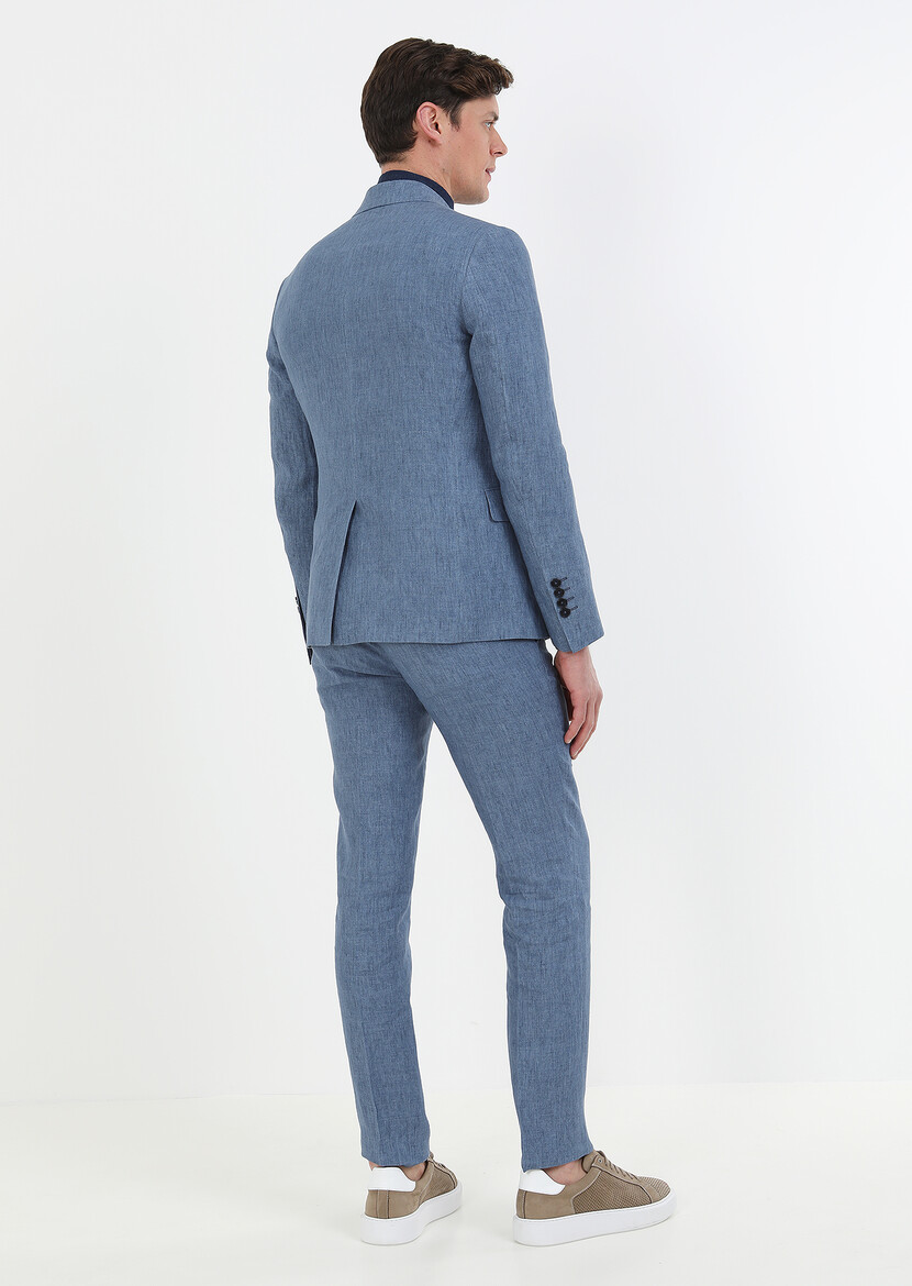 Mavi Düz Zeroweight Slim Fit %100 Keten Takım Elbise - Thumbnail