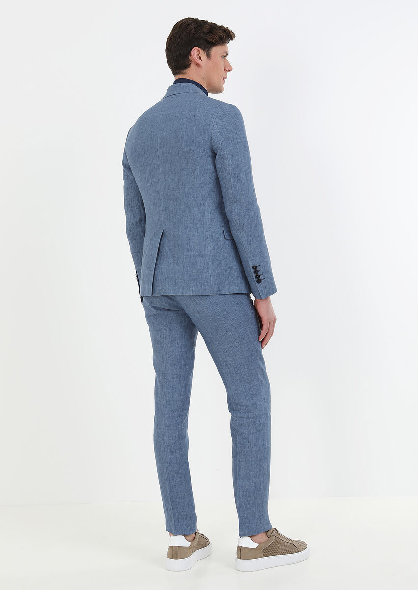 Mavi Düz Zeroweight Slim Fit %100 Keten Takım Elbise