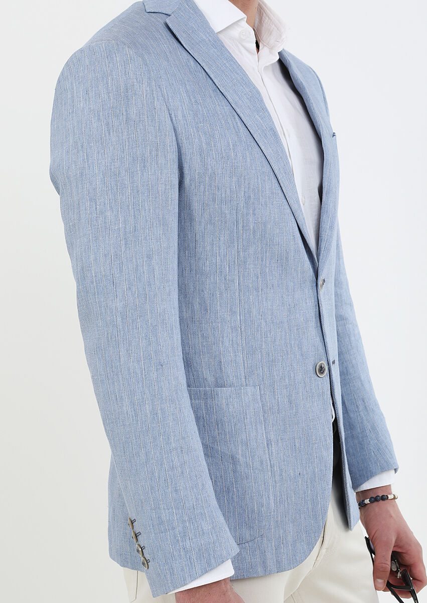 Mavi Çizgili Zeroweight Slim Fit Pamuk Karışımlı Ceket