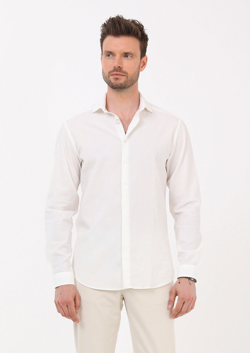Beyaz Slim Fit Dokuma Casual Pamuk Karışımlı Gömlek