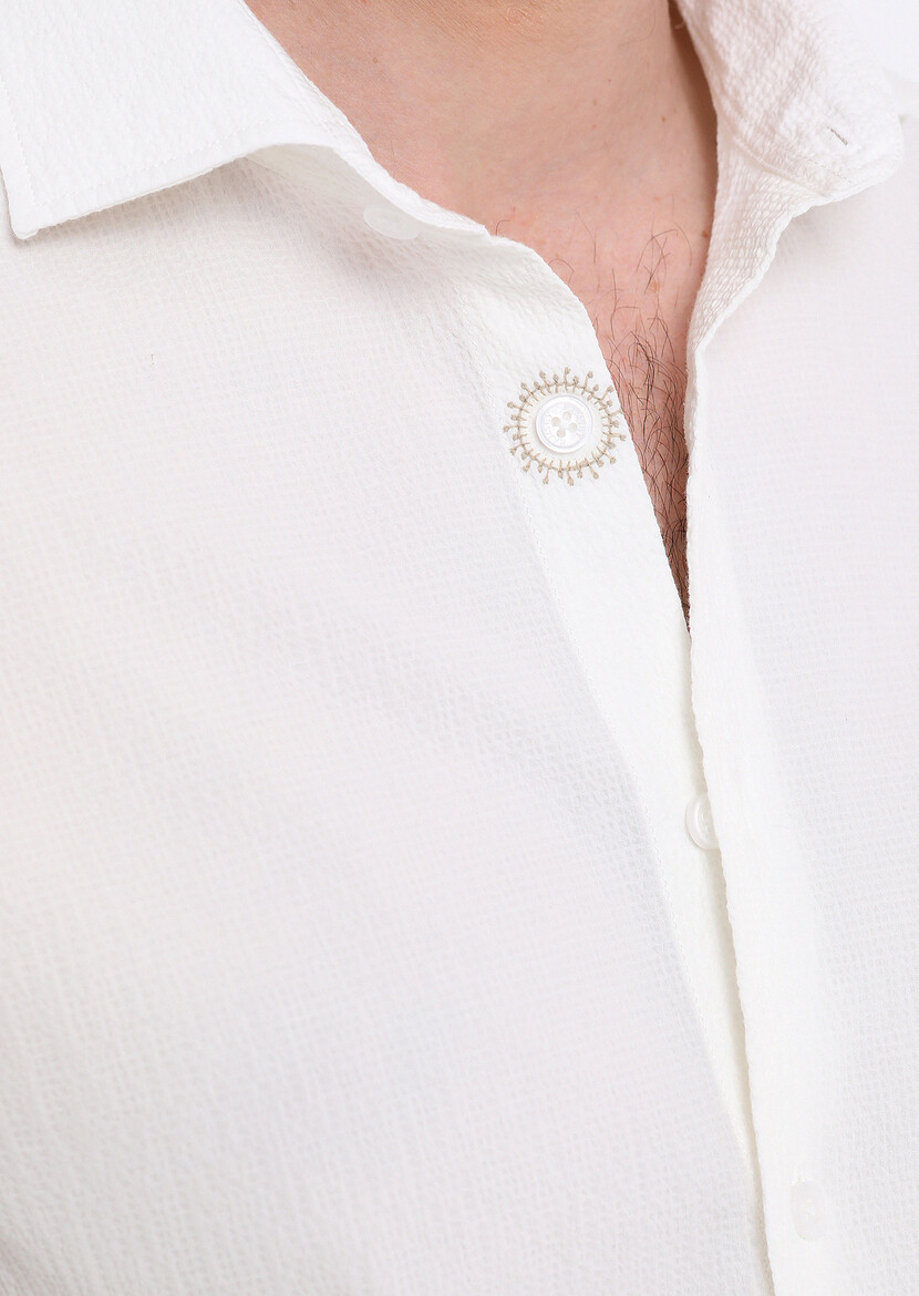 Beyaz Slim Fit Dokuma Casual Pamuk Karışımlı Gömlek - Thumbnail