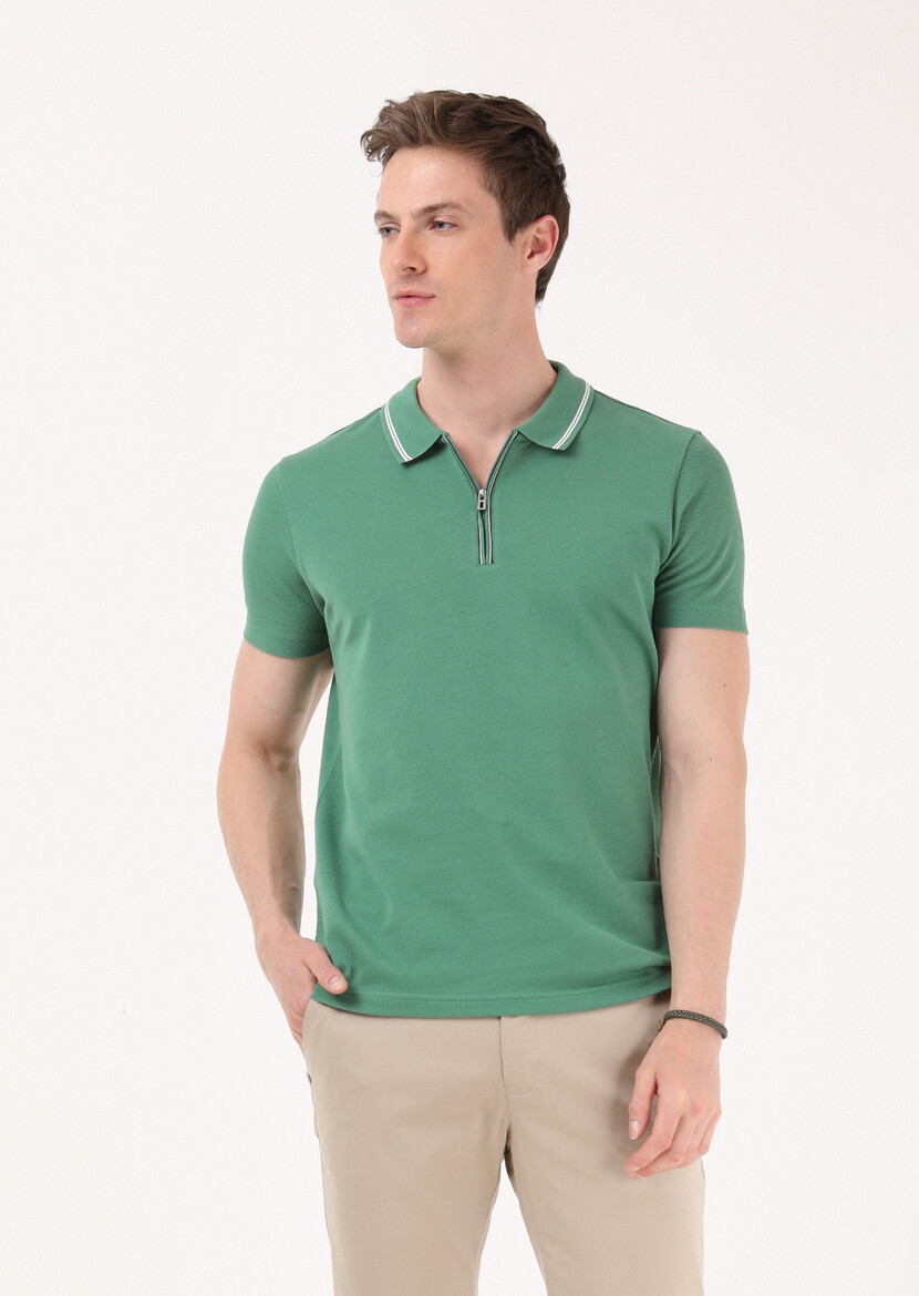 Yeşil Jakarlı Polo Yaka %100 Pamuk T-Shirt - Thumbnail