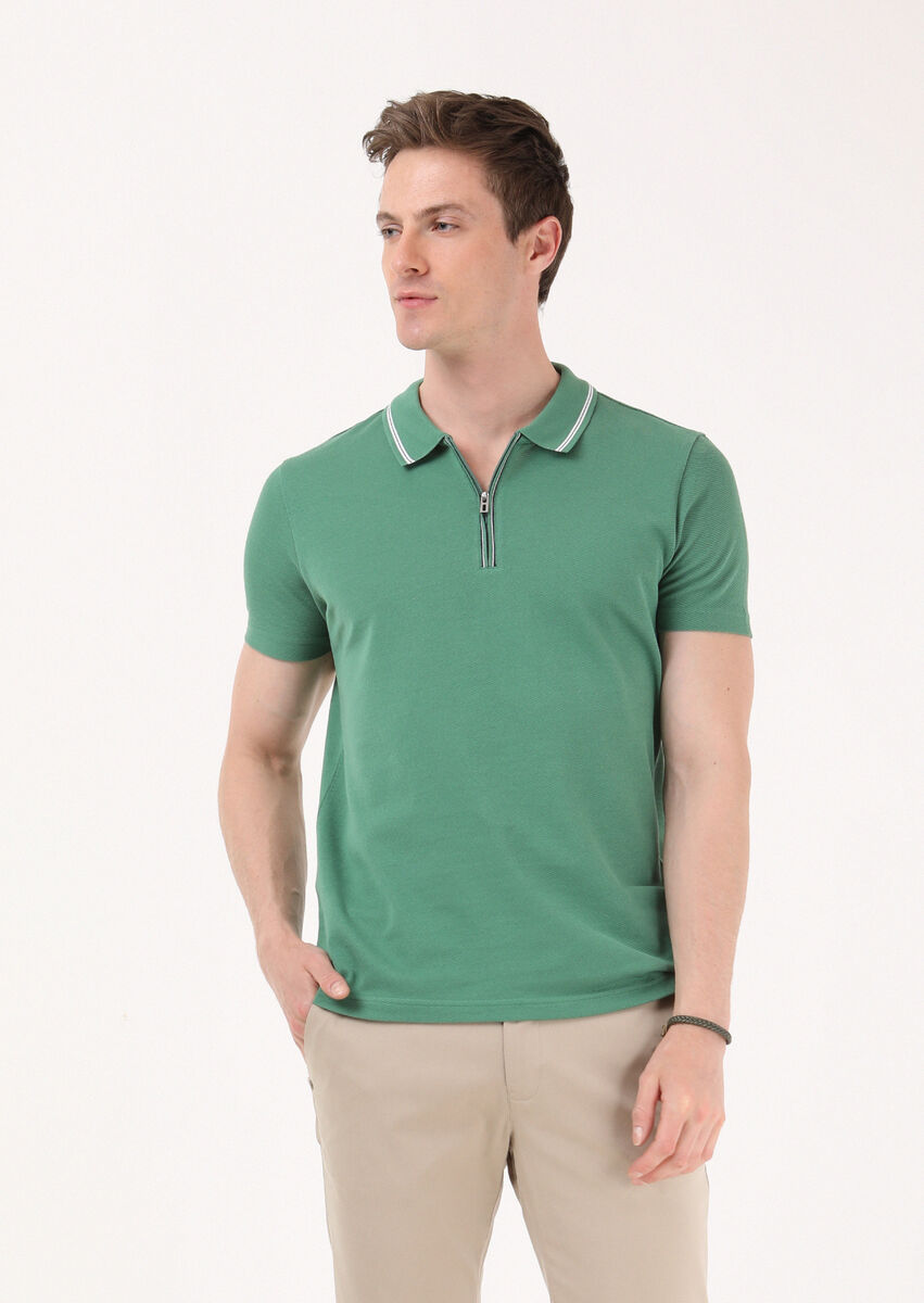 Yeşil Jakarlı Polo Yaka %100 Pamuk T-Shirt