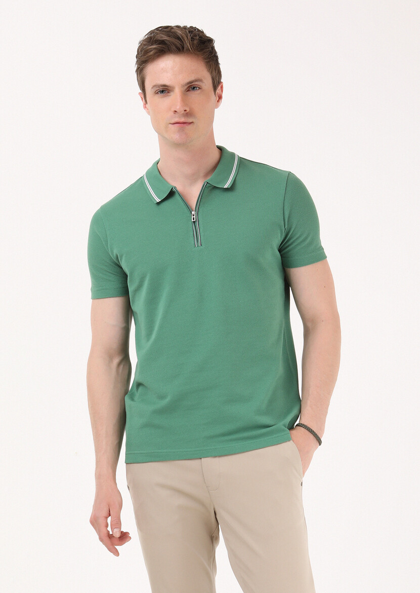 Yeşil Jakarlı Polo Yaka %100 Pamuk T-Shirt - Thumbnail