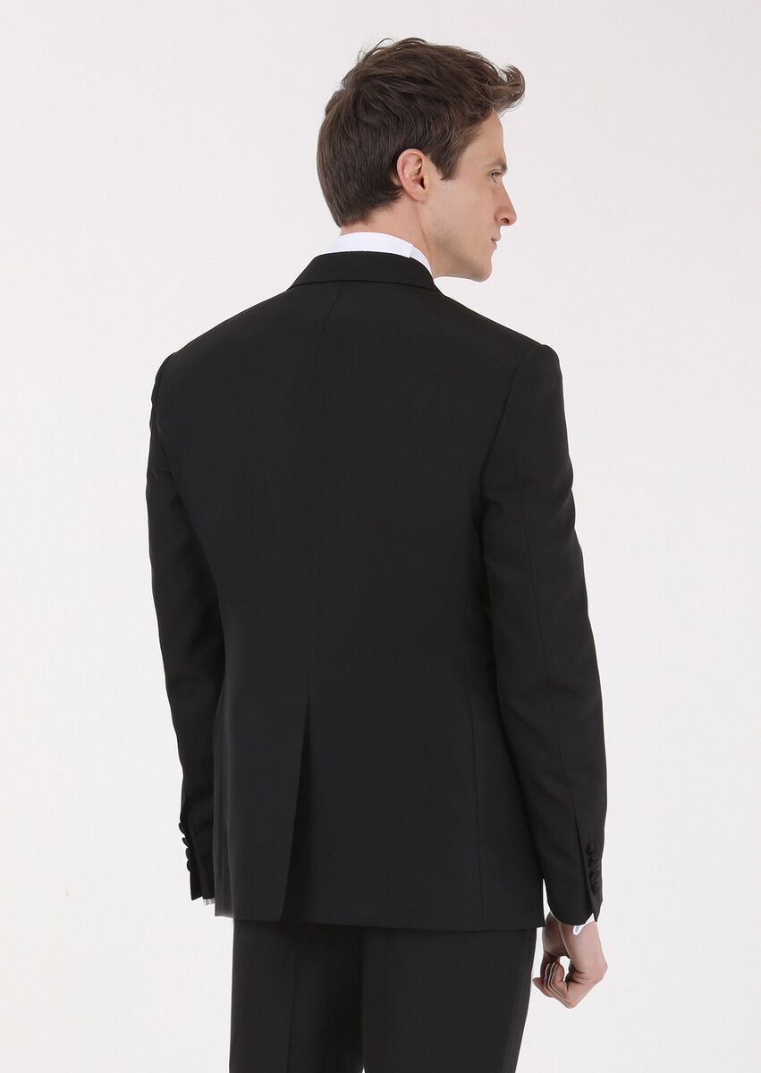 Siyah Düz Modern Fit Kruvaze Yaka Dokuma Smokin Takım Elbise