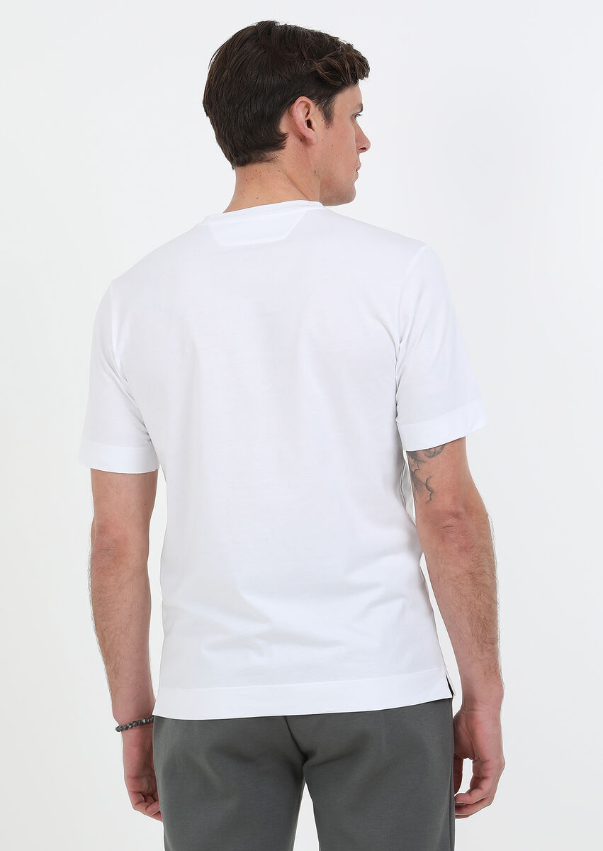 Beyaz Baskılı Bisiklet Yaka %100 Pamuk T-Shirt
