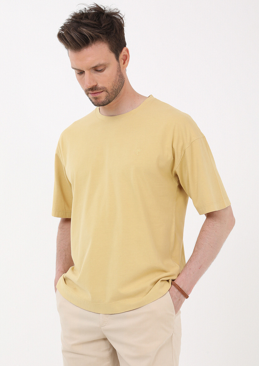 Sarı Düz Bisiklet Yaka %100 Pamuk T-Shirt - Thumbnail