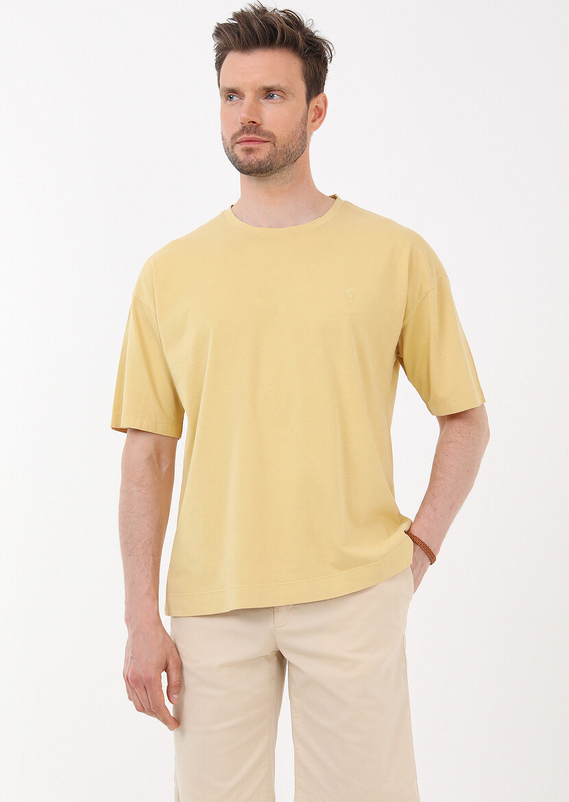 Sarı Düz Bisiklet Yaka %100 Pamuk T-Shirt - Thumbnail