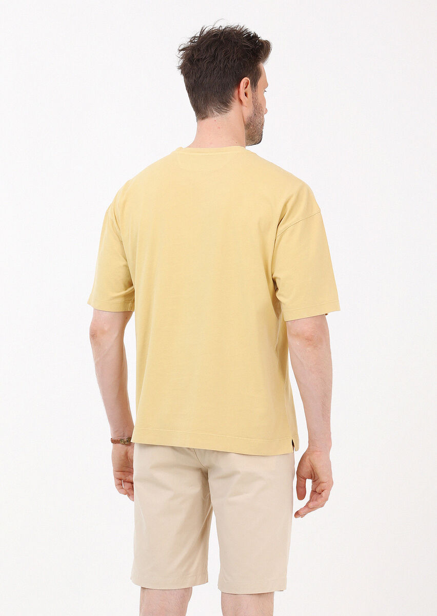 Sarı Düz Bisiklet Yaka %100 Pamuk T-Shirt