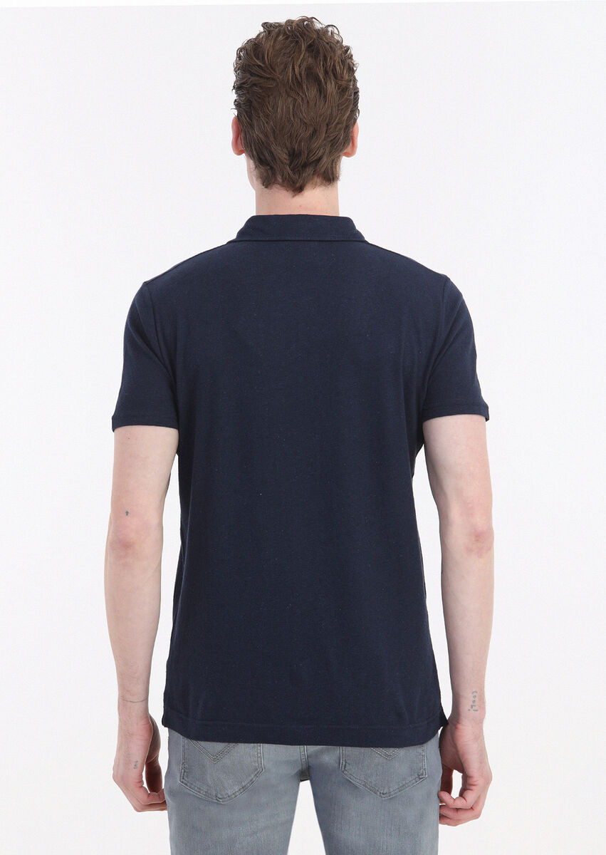 Lacivert Düz Polo Yaka Pamuk Karışımlı T-Shirt
