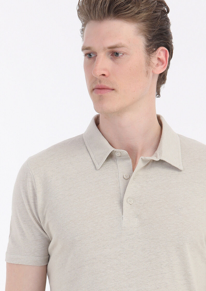 Bej Düz Polo Yaka Pamuk Karışımlı T-Shirt