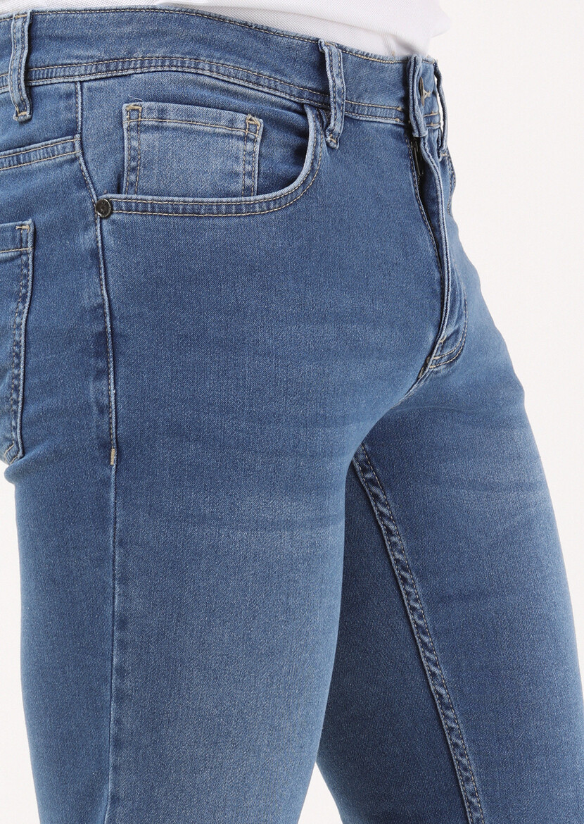 Mavi Düz Slim Fit Denim Pamuk Karışımlı Pantolon - Thumbnail