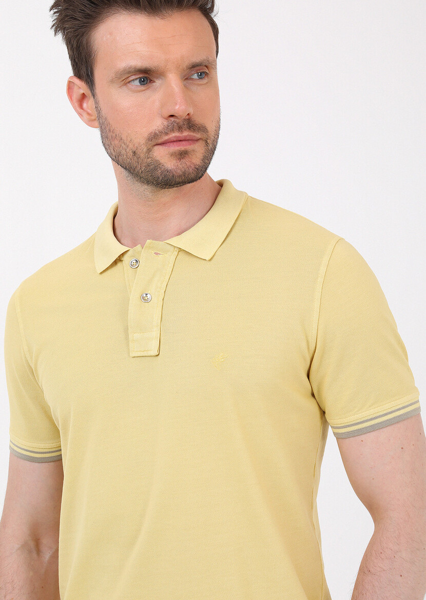 Sarı Düz Polo Yaka %100 Pamuk T-Shirt - Thumbnail