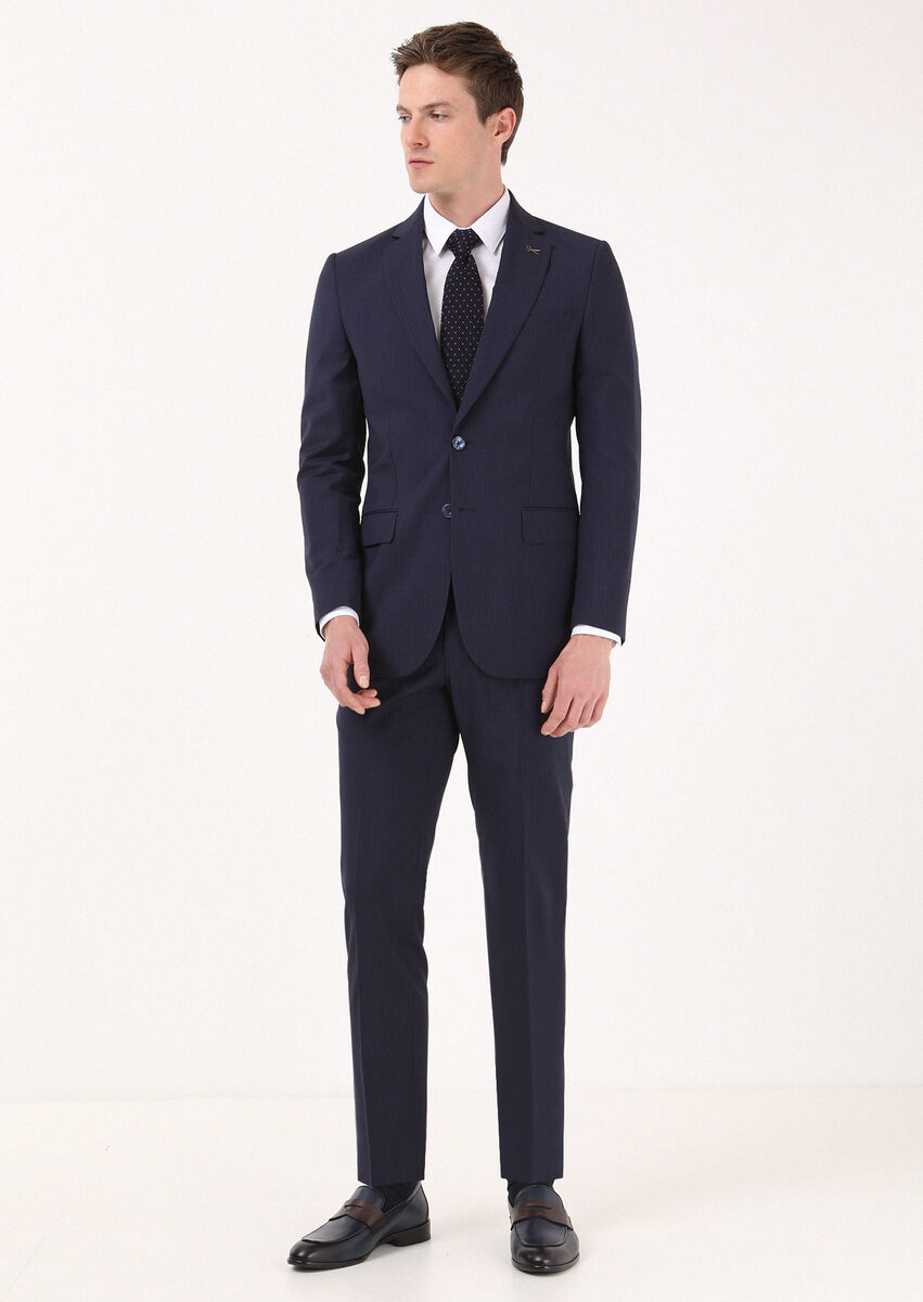 Lacivert Çizgili Thin&taller Slim Fit %100 Yün Takım Elbise