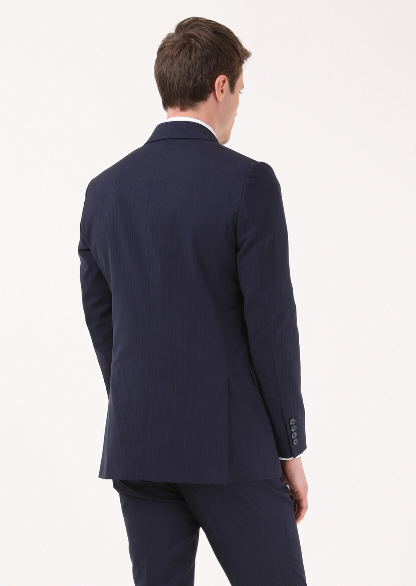 Lacivert Çizgili Thin&taller Slim Fit %100 Yün Takım Elbise - Thumbnail