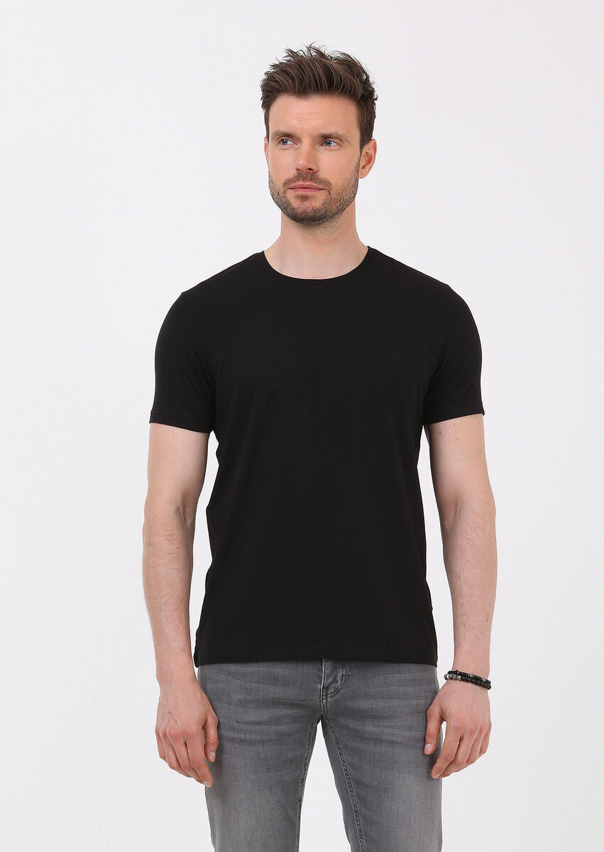 Siyah Düz Pamuk Karışımlı T-Shirt